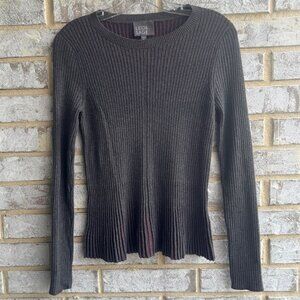LEO & SAGE Long Sleeve Crew Neck Gray/Burgundy Ribbed Knit Sweater Size M